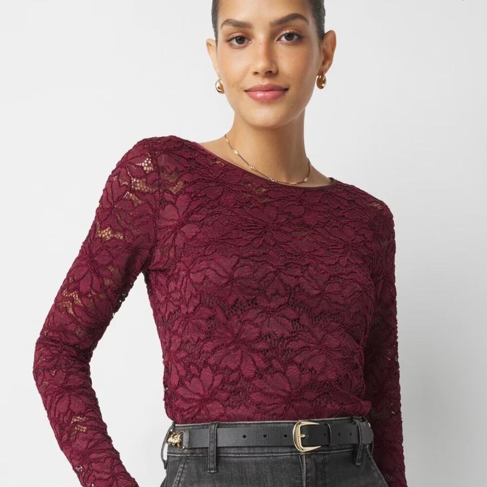 Adrianna Papell Women's Lace Overlay Crew Neck Top in Merlot Size L Sheer Sleeve